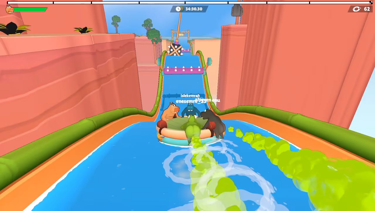 Four hippos on a raft approach a narrow raised waterway, with a red spiked bar and a distant FINISH arch.