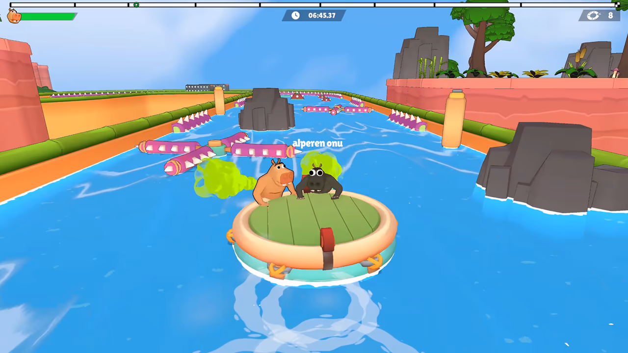 Hippos on a shared raft face pink barriers, rocks and yellow posts.