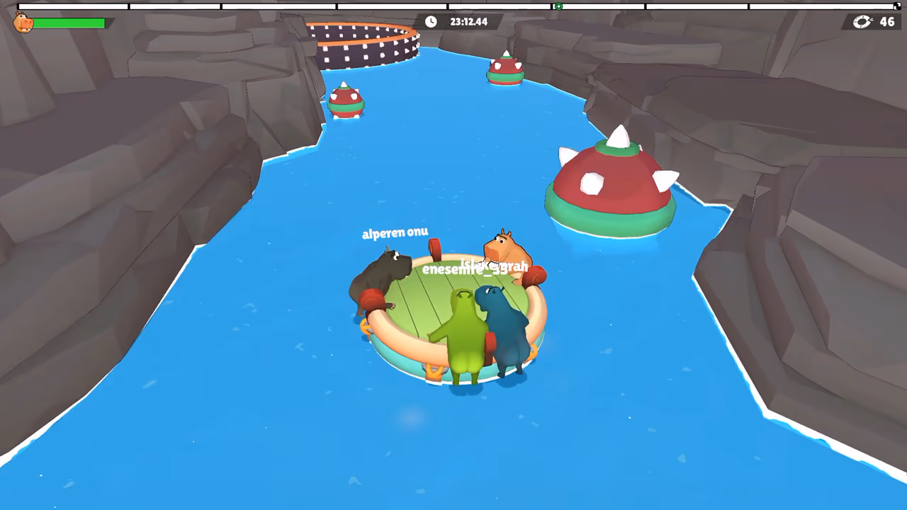 A raft approaches red rounded obstacles in a rocky water passage.